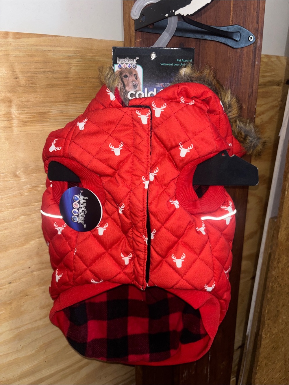 Red Quilted Puffer Jacket with Deer Print